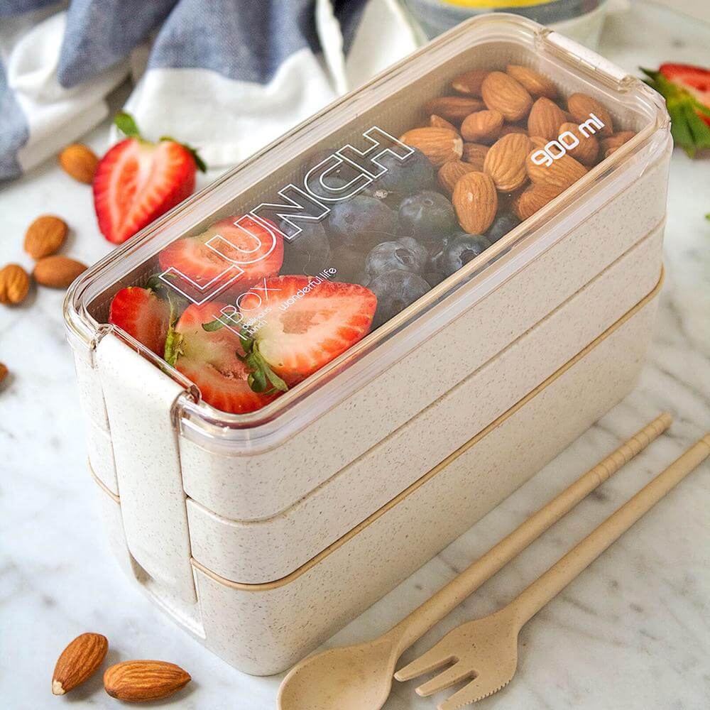 Récipient bento étanche 3 niveaux, micro-ondes. Transportez vos repas équilibrés à l'école ou au travail.