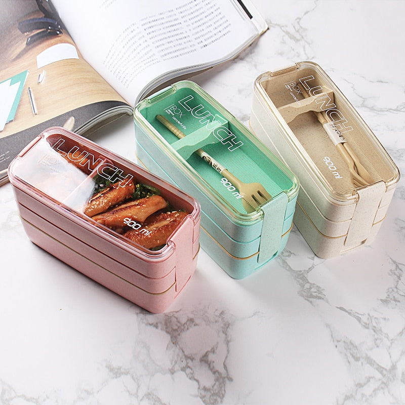 Bento durable en paille de blé, 3 niveaux. Optimisez vos repas : déjeuner, pique-nique, travail, école.