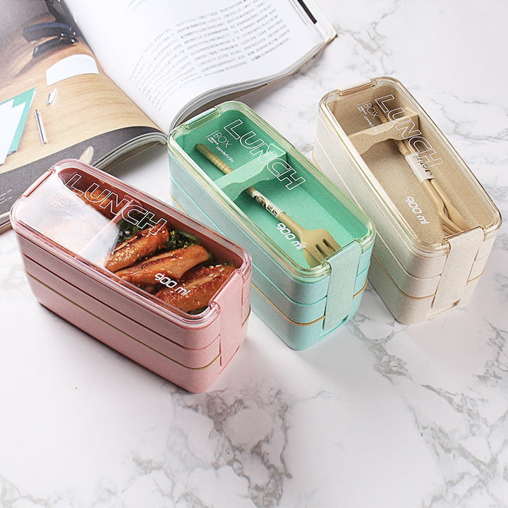 Bento durable en paille de blé, 3 niveaux. Optimisez vos repas : déjeuner, pique-nique, travail, école.