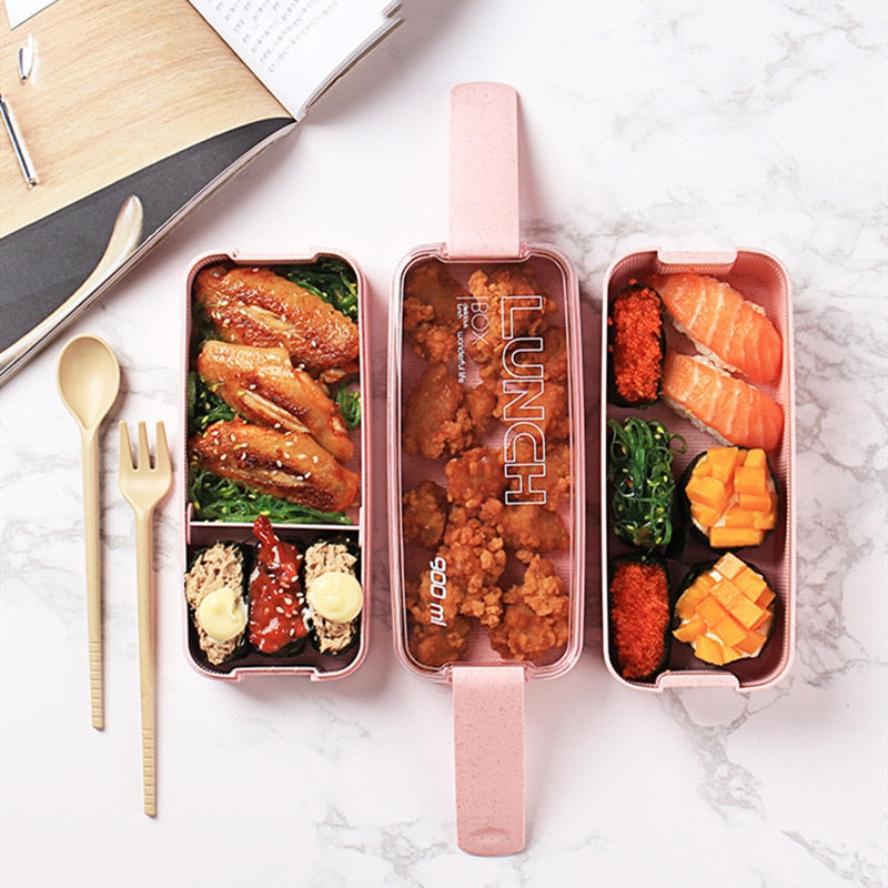 Boîte bento écologique à 3 compartiments pour repas équilibrés. Portable, étanche, compatible micro-ondes.