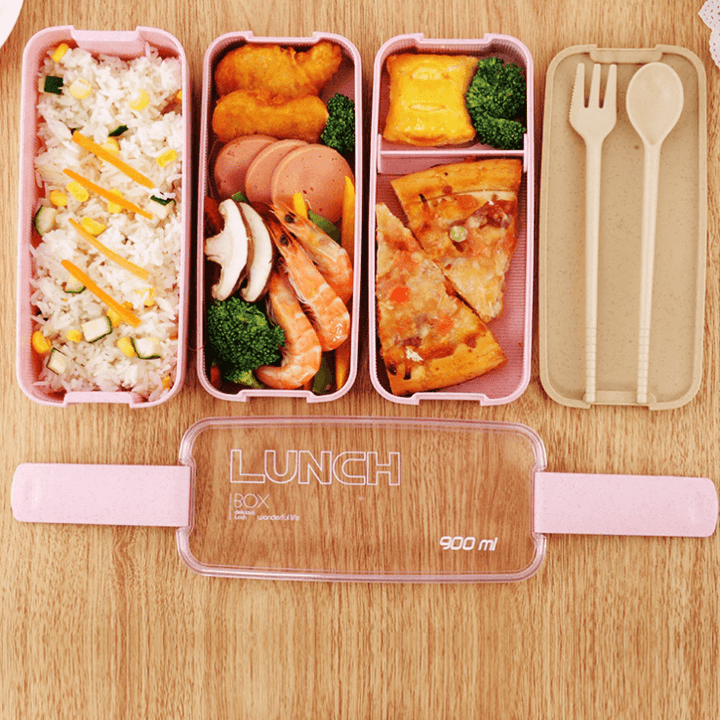Récipient bento portable 3 compartiments, en paille de blé. Pour un repas équilibré au bureau ou à l'école.