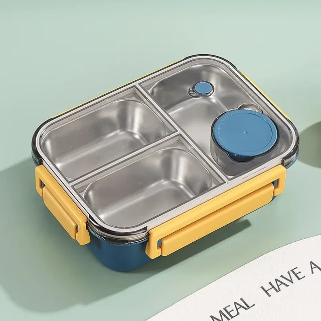 Lunch box isotherme en inox/plastique avec compartiments anti-fuite pour transporter repas chauds ou frais en sécurité.
