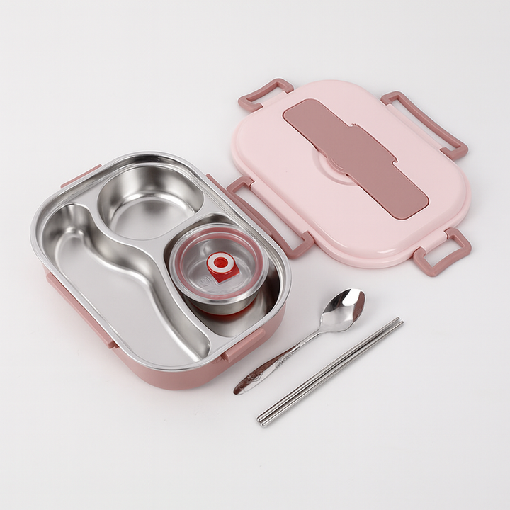 Boîte à repas en acier inoxydable avec compartiments, maintient aliments frais pour voyage/bureau.