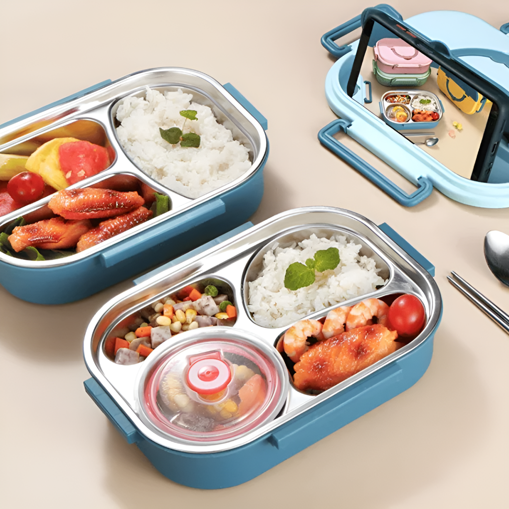Boîte repas nomade en acier inoxydable, étanche et isotherme, pour déjeuner sain au bureau ou en voyage.