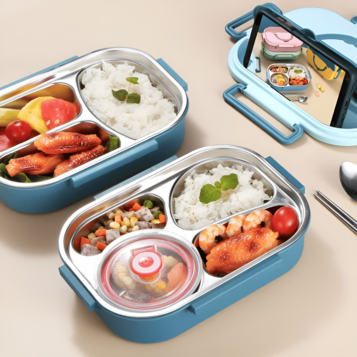 Boîte repas nomade en acier inoxydable, étanche et isotherme, pour déjeuner sain au bureau ou en voyage.