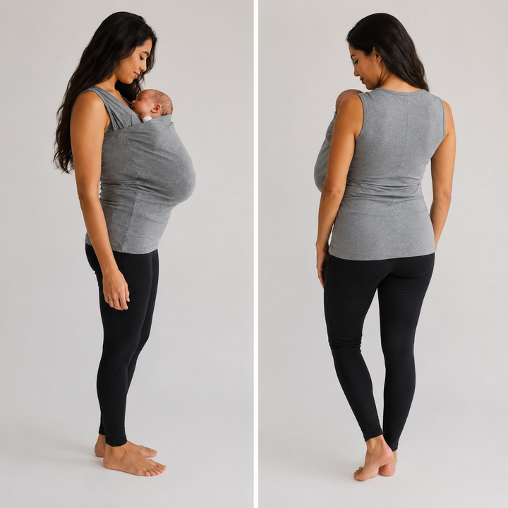 T-shirt de portage bébé bleu marine, vêtement essentiel pour parents actifs et l'allaitement.