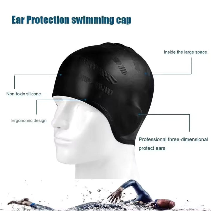 Bonnet de bain classique noir, essentiel pour la protection des cheveux et des oreilles lors de la natation.