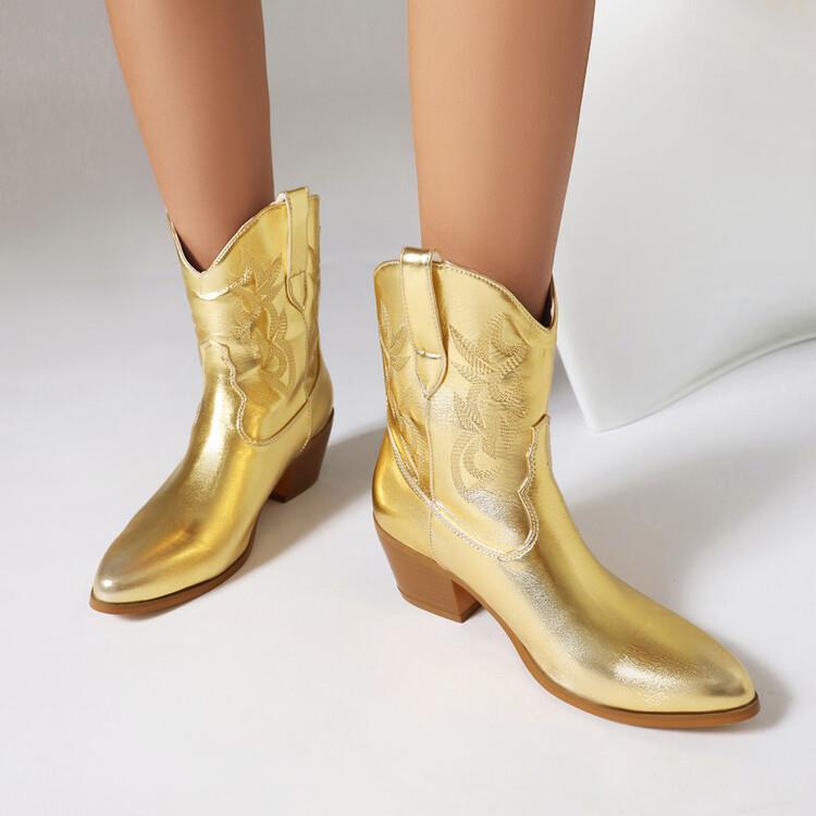 Bottes western femme mi-hautes, bout pointu, broderies fines, talon large pour un look automne moderne.