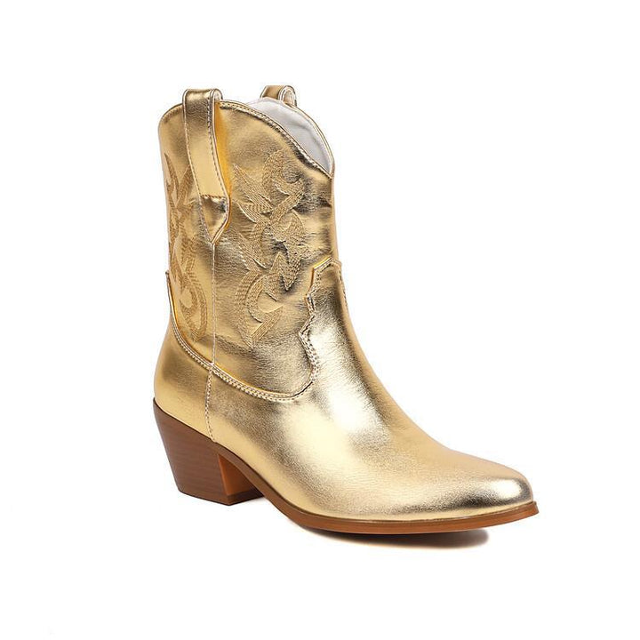 Bottes femme western brodées florales, bout pointu, talon carré robuste, mi-hautes, idéales automne.