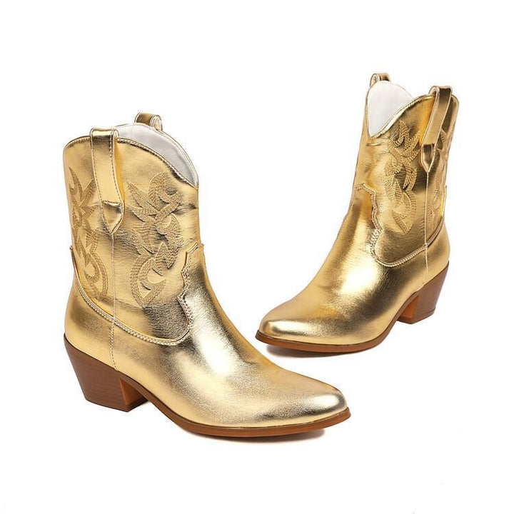 Chaussures femme mode: bottes cowboy brodées, talon carré stable, style western élégant et tendance.