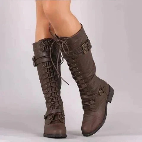 Chaussures montantes femme style vintage. Bottes confortables avec lacets, hauteur genou, pour mode automne/printemps.