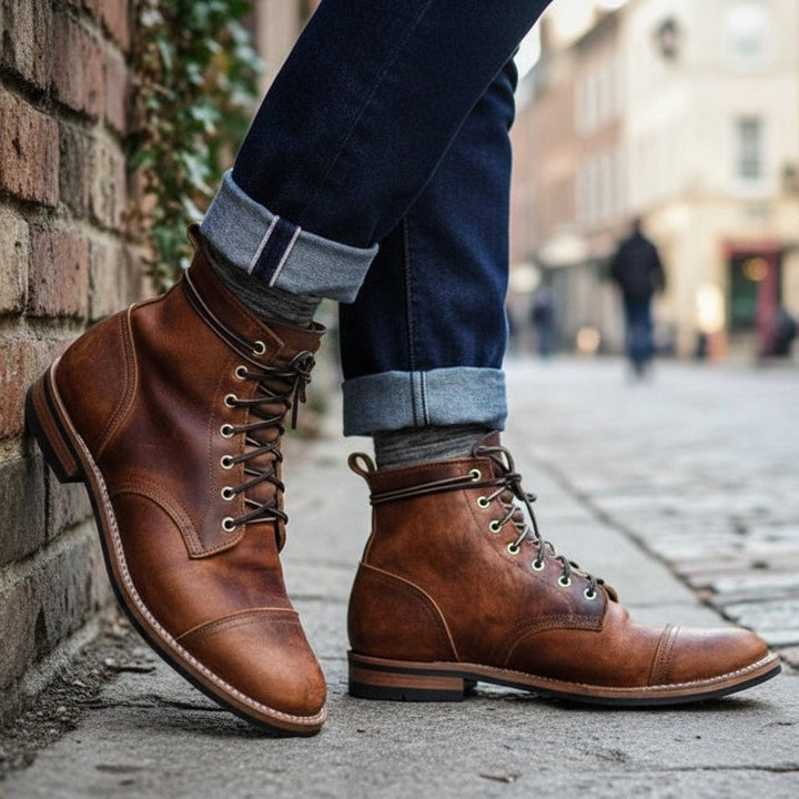 Texture du cuir marron de bottes classiques pour homme. Qualité supérieure, durables et élégantes, grand confort.