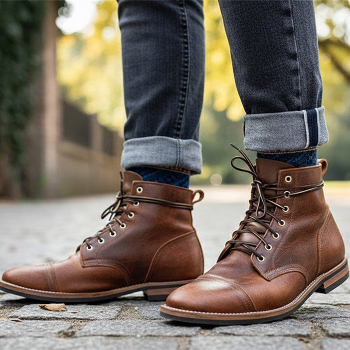 Hommes portant des bottes classiques en cuir marron, alliant élégance et confort durable. Chaussures mode intemporelles.
