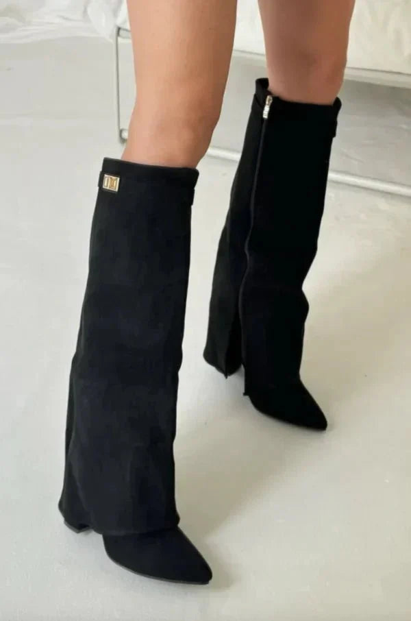 Chaussures bottes à talon bloc pour femmes, style hauteur genou, offrant confort et élégance.