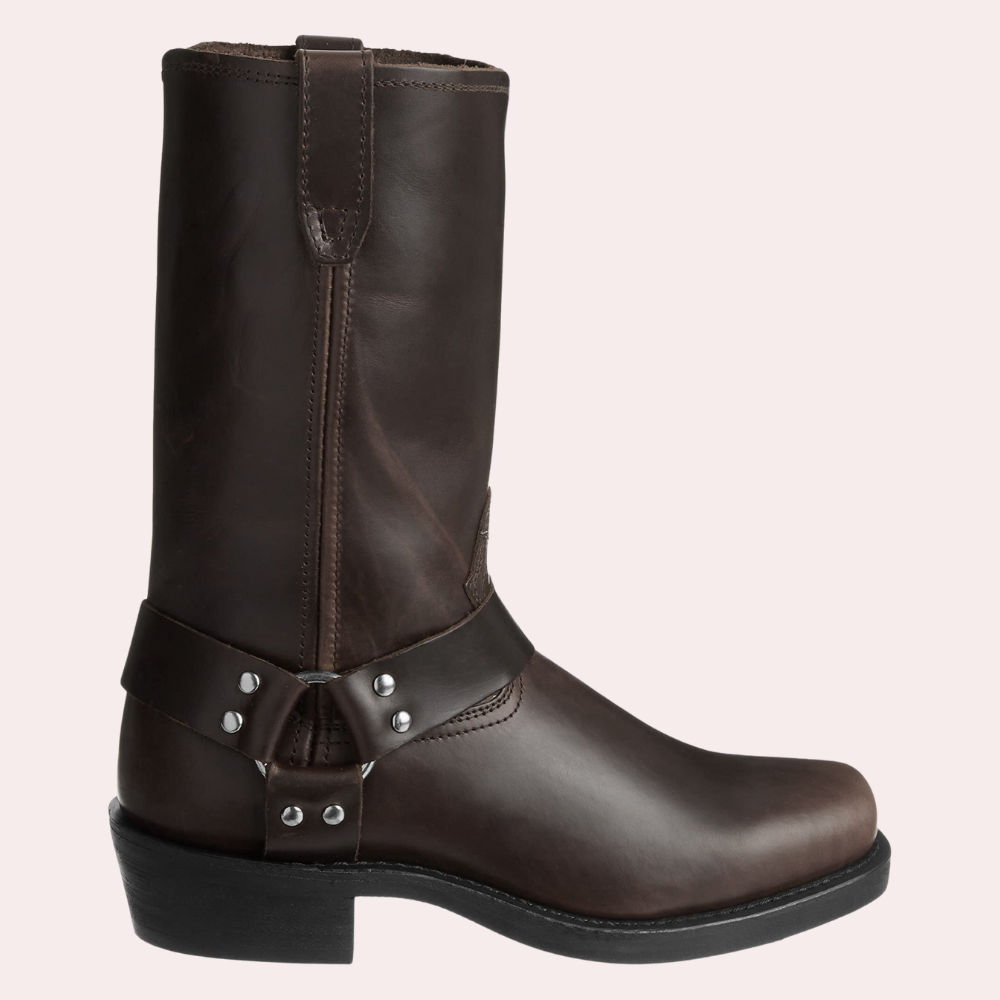Santiag homme en cuir vieilli marron, bottes western robustes à tige haute et bout arrondi, parfaites style cowboy.
