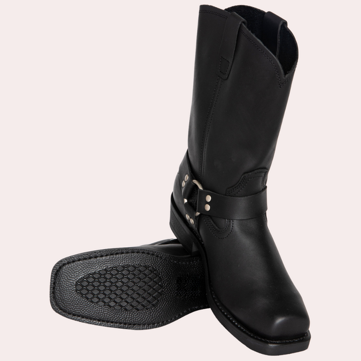 Chaussures santiag homme en cuir vieilli marron, bottes western à tige haute et bout arrondi, look cowboy.