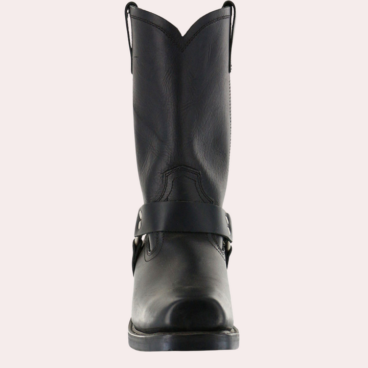 Bottes western homme santiag noires en cuir vieilli, tige haute, bout arrondi. Style cowboy élégant et raffiné.