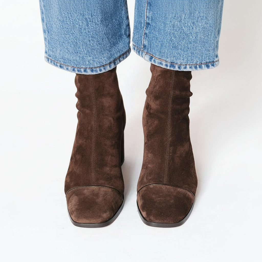 Chaussures femme élégantes: bottines cheville en suédine marron foncé, bout carré moderne et talon bloc confortable.