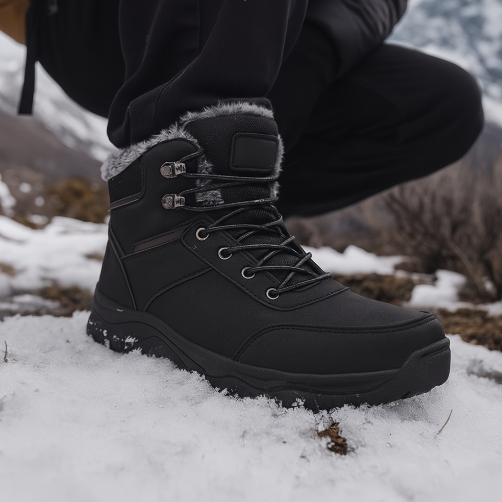 Bottines noires homme, hauteur cheville, doublure chaude pour un confort hivernal optimal, semelle antidérapante.