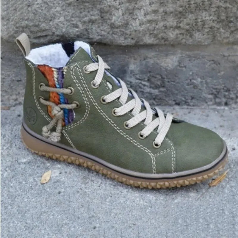 Bottines fourrées femme chaudes et confortables en similicuir, idéales pour l'hiver, avec lacets.