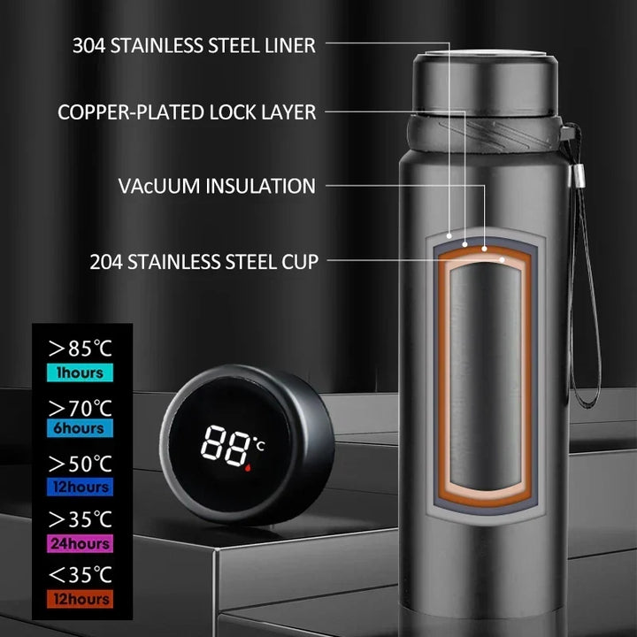 Bouteille thermique en acier inoxydable 1L. Idéale pour garder vos boissons chaudes ou froides pendant des heures.