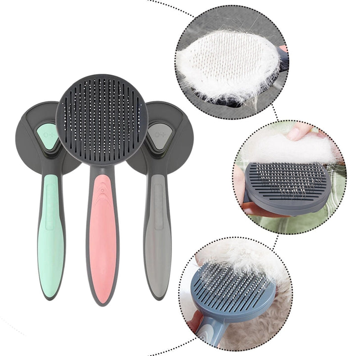 Brosse de toilettage autonettoyante retirant les poils morts du pelage d'un chat. Accessoire soin animal.