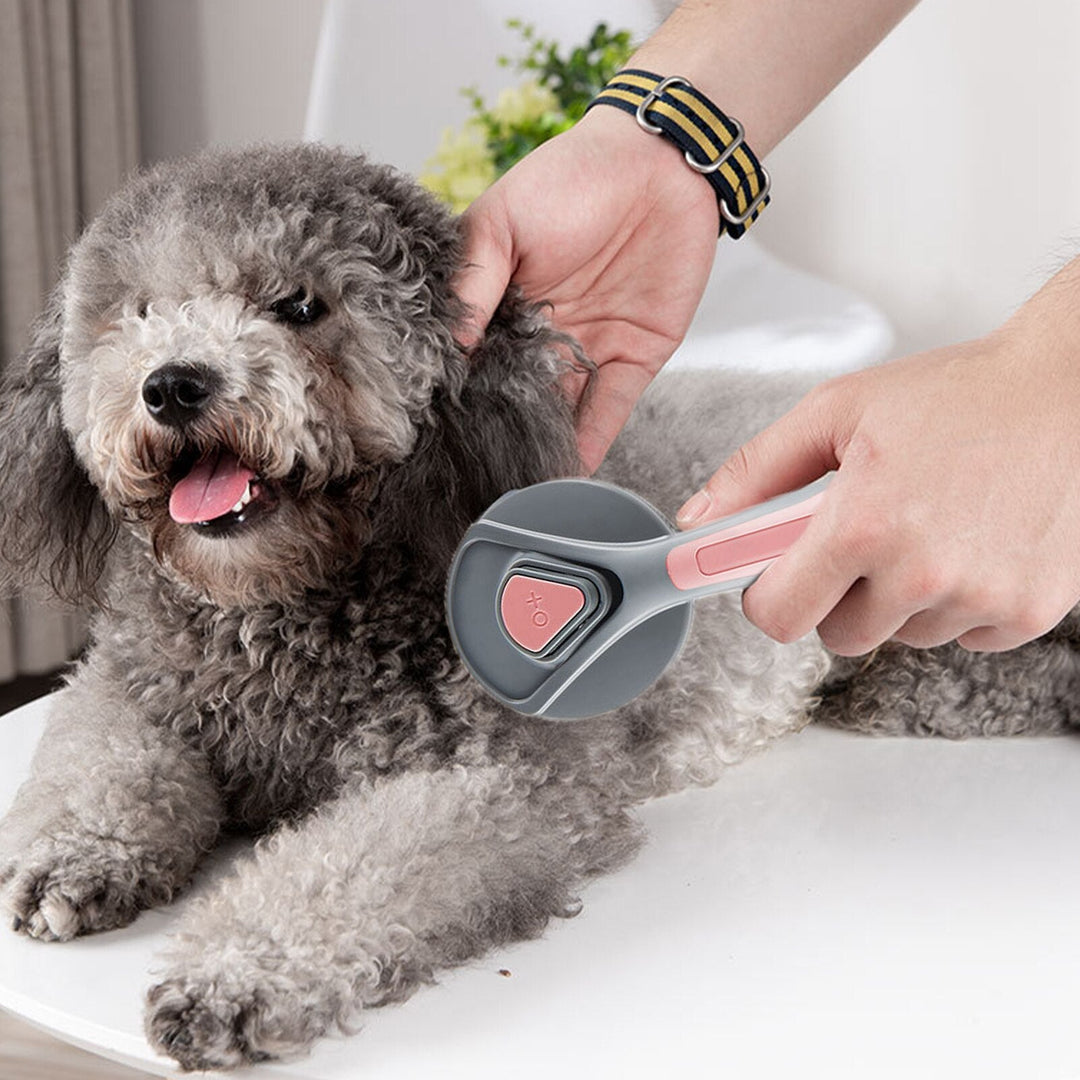La fonction autonettoyante de la brosse pour animaux, avec bouton-poussoir, facilite l'entretien du pelage.