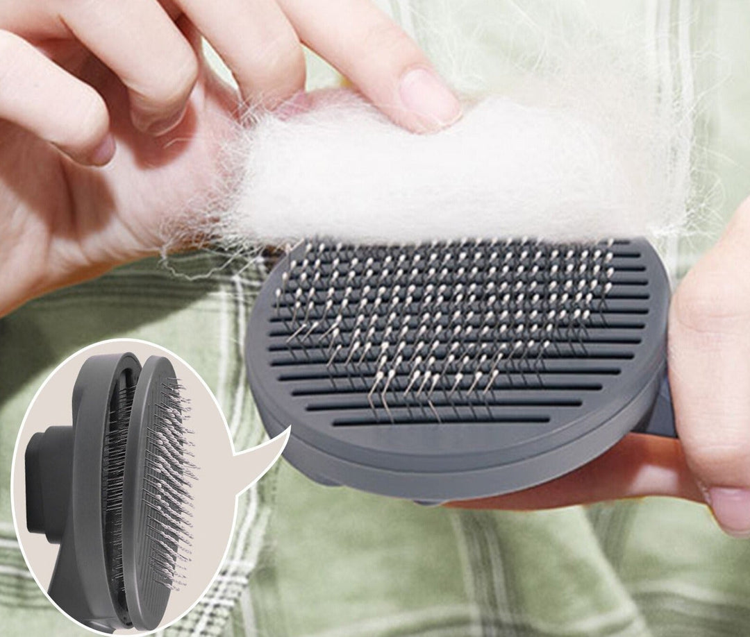 Pelage de chien ou chat brillant et démêlé grâce à la brosse de toilettage autonettoyante. Soin optimal.
