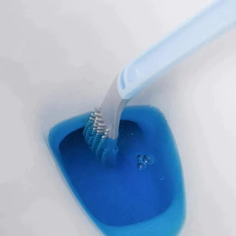 Brosse WC flexible longue durée, tête silicone antibactérienne, avec support mural pour une propreté impeccable et durable.