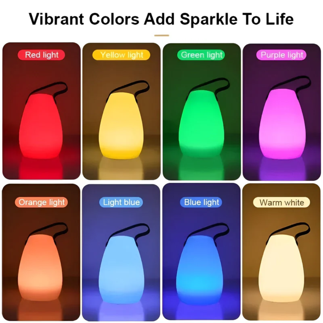Lampe de table LED portable sans fil, étanche pour usage intérieur/extérieur, rechargeable, design moderne.