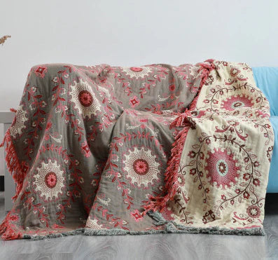 Couverture décorative scandinave réversible, motifs oiseaux. Apporte confort et style à votre intérieur.