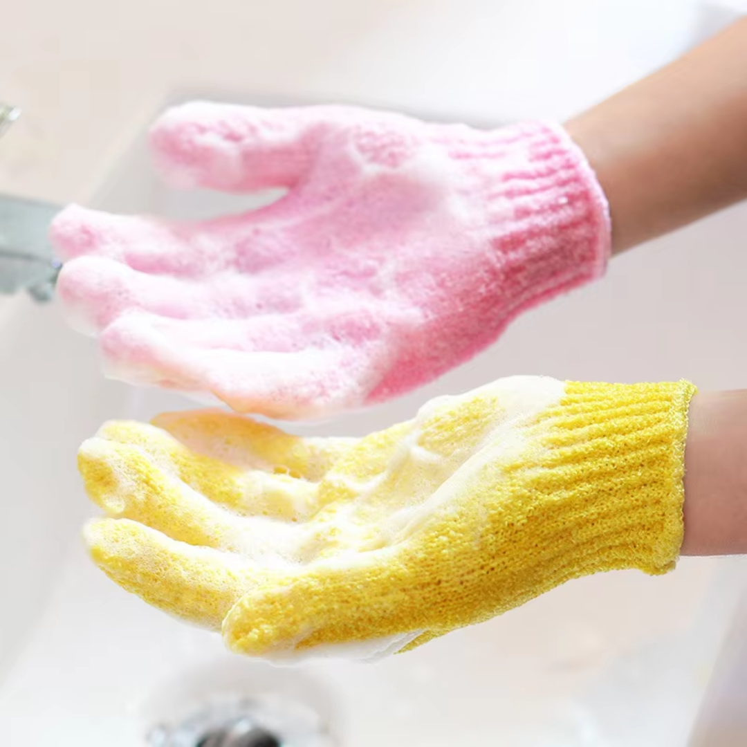 Gants de bain exfoliants pour un gommage doux mais efficace, favorise l'éclat de la peau.