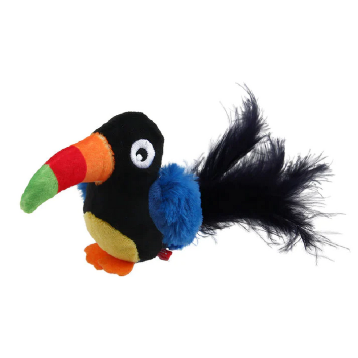 Jouet pour chat avec plumes et sons, favorisant l'activité physique et la stimulation mentale.