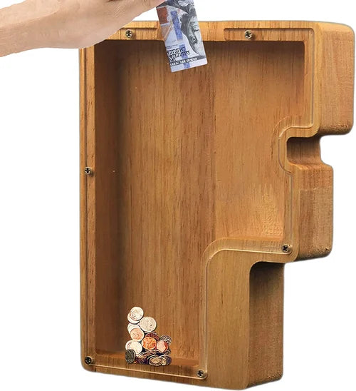 Tirelire lettre E en bois pour enfant, cadeau d'anniversaire. Design élégant et éco-responsable.
