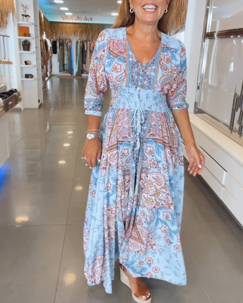 Robe longue imprimée bohème pour femme, col V, taille ajustable. Idéale vacances.