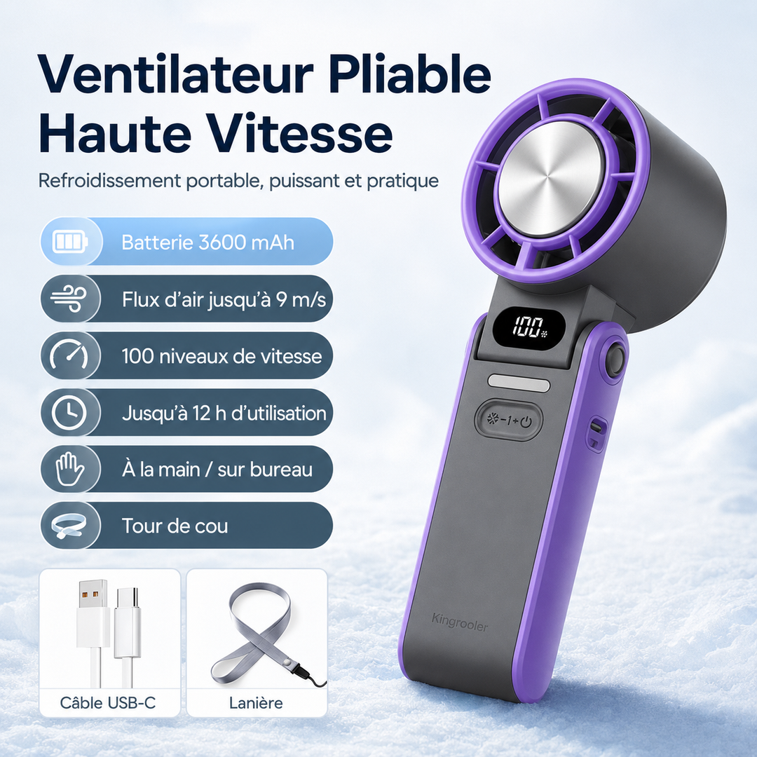 Ventilateur multifonction 3-en-1, pliable, mains libres, rechargeable USB-C pour bureau et voyages d'été.