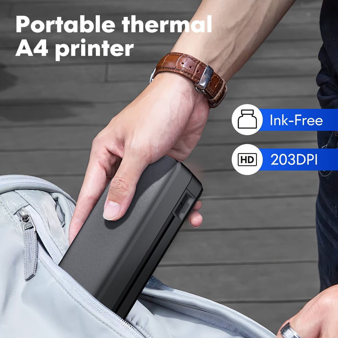 Imprimante mobile thermique Bluetooth pour impressions rapides de rapports en voyage d'affaires.