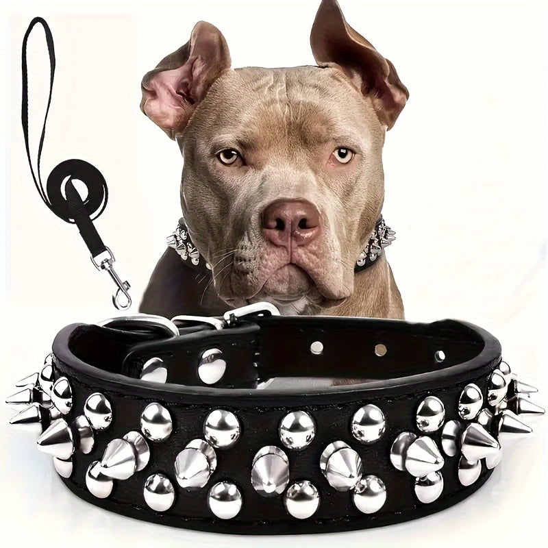 Collier de chien noir à piquants réglable en simili cuir pour grands chiens. Idéal dressage et promenade.