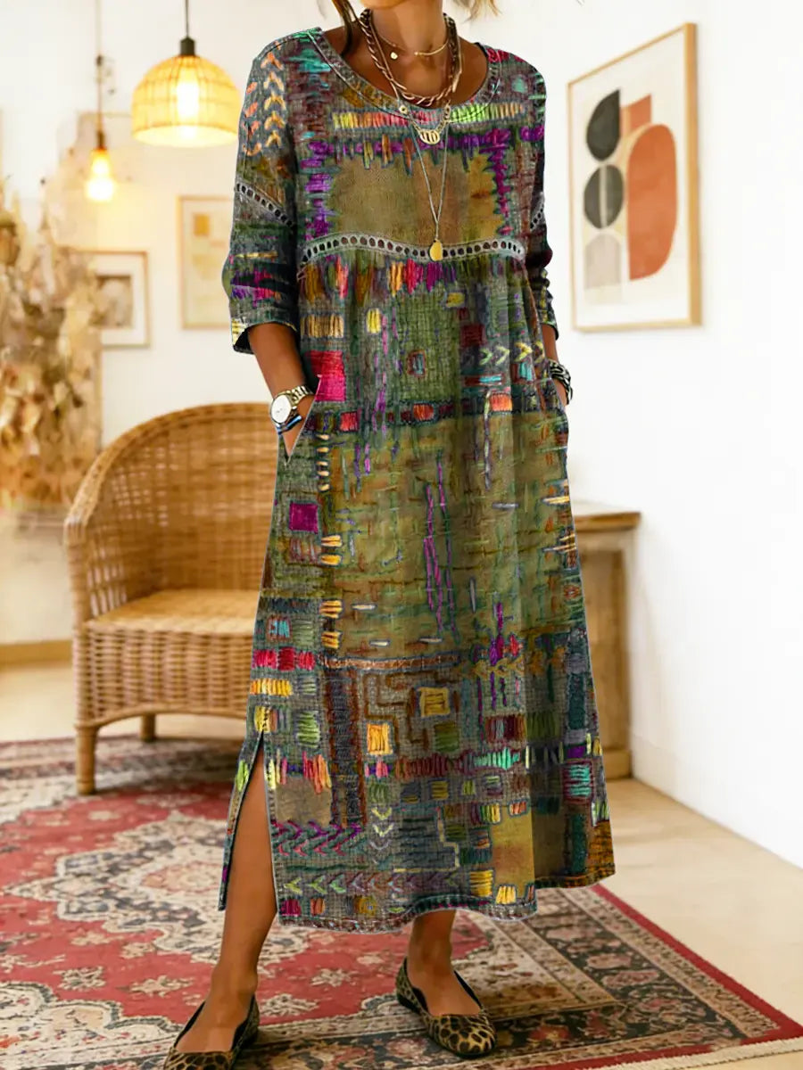 Magnifique robe femme patchwork denim, tissu fluide et doux. Style ethnique chic.