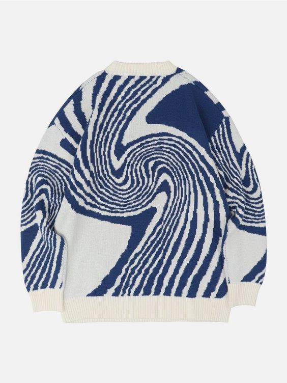 Vêtement original: pull unisexe tricoté avec motif tourbillon abstrait. Style moderne et confortable pour le quotidien.