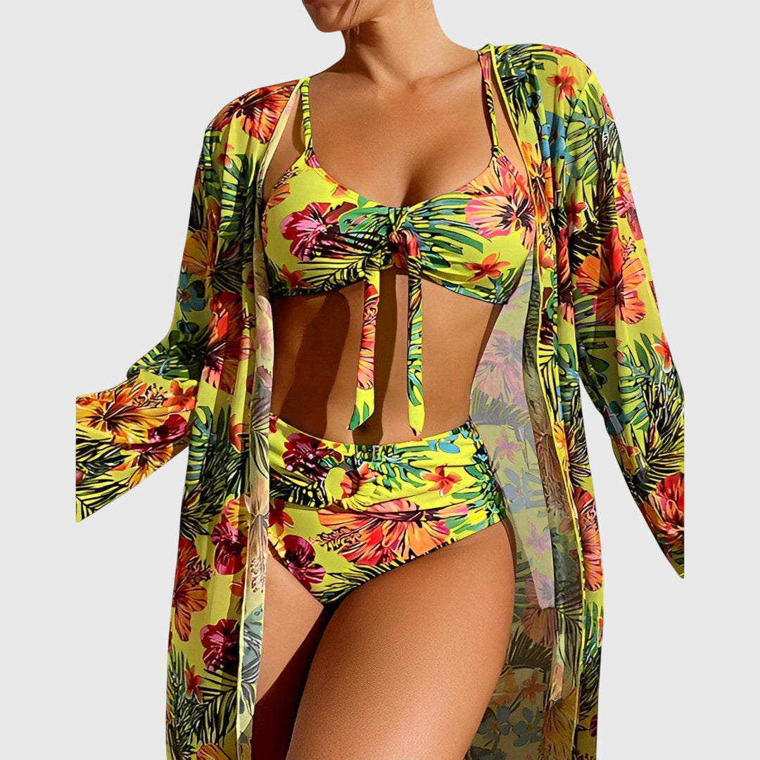 Bikini 3 pièces femme imprimé tropical, top noué et kimono assorti pour plage d'été.