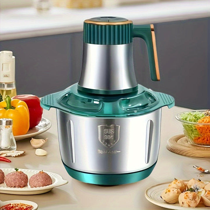 Robot de cuisine multifonction bleu et vert, hachoir et coupe-légumes pour une cuisine rapide.