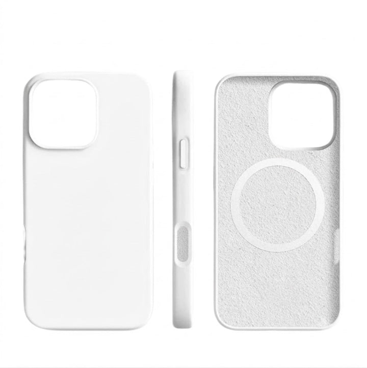 Coque MagSafe noire mate pour iPhone 16, silicone ultra-mince, protection optimale et adhérence.