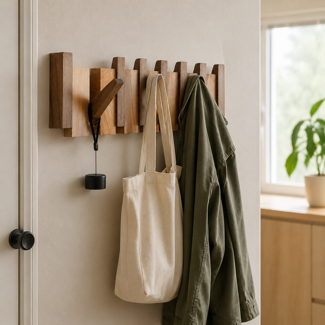 Décoration murale élégante : porte-manteau design piano en bois massif pour une entrée moderne et rangée.