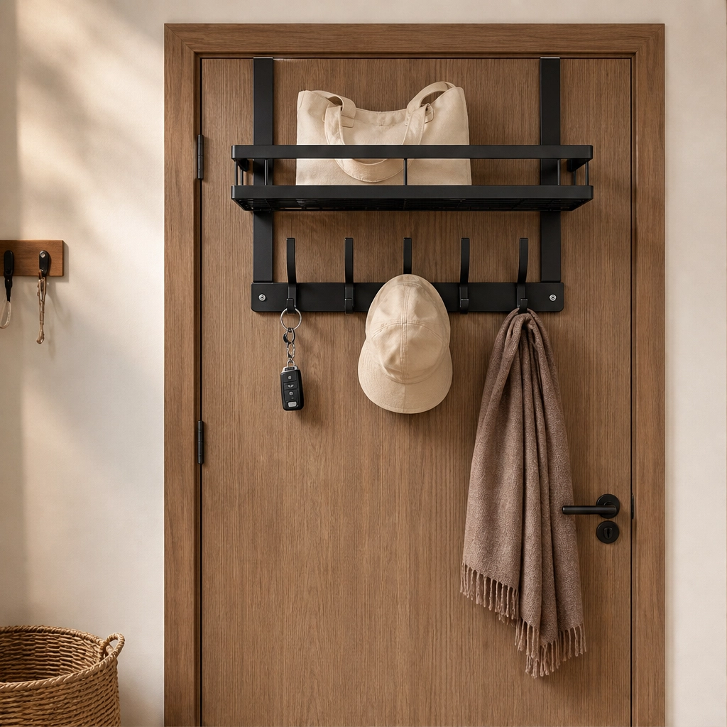Solution de stockage élégante: crochets de rangement pour porte en acier carbone avec panier, pour organiser la maison.