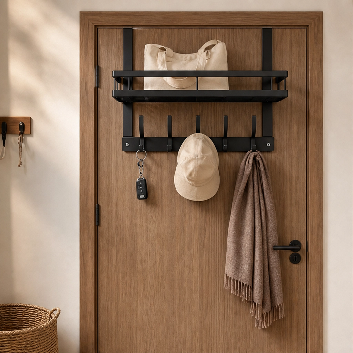 Solution de stockage élégante: crochets de rangement pour porte en acier carbone avec panier, pour organiser la maison.