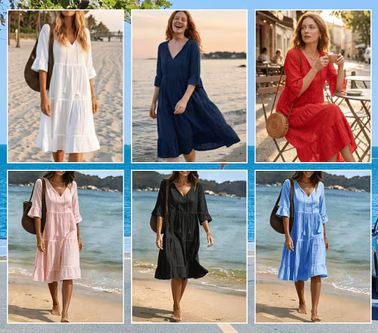 Robe femme bohème chic à coupe fluide, col V, élégante et confortable pour tenue quotidienne.