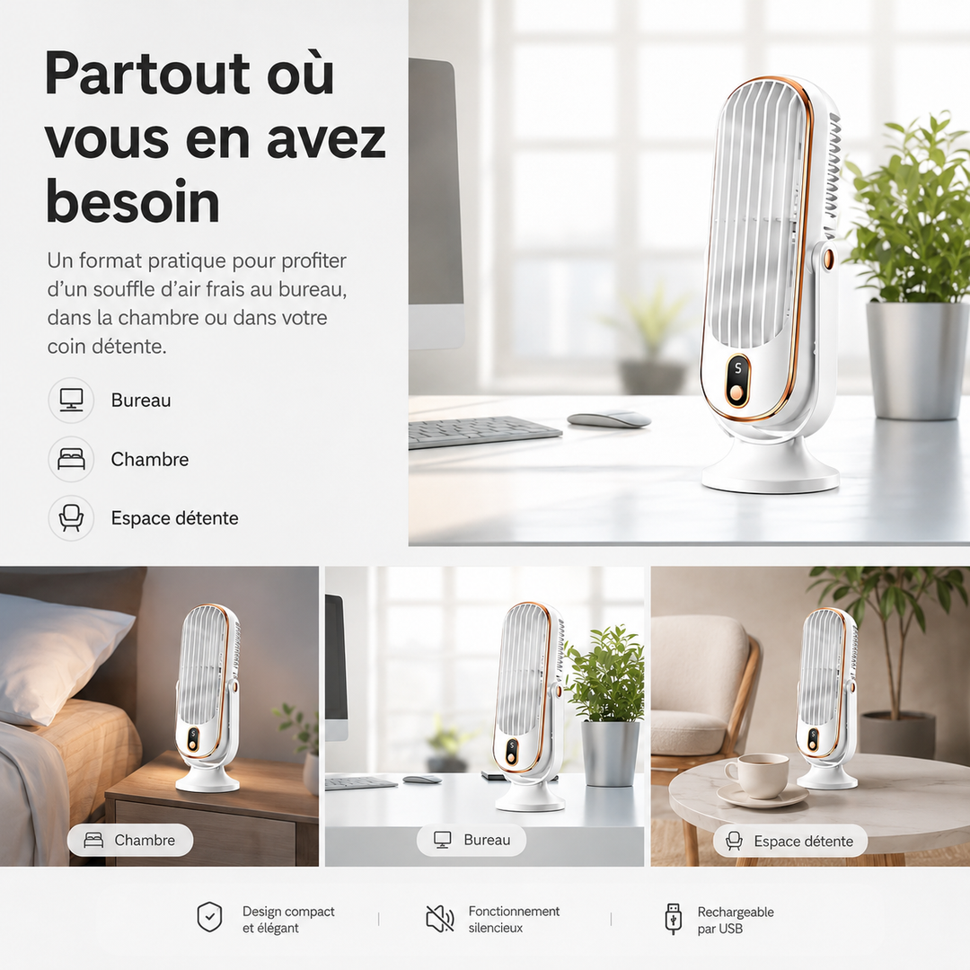 Ventilateur design AeroLux mini et portable, silencieux, USB, parfait comme accessoire de bureau moderne.