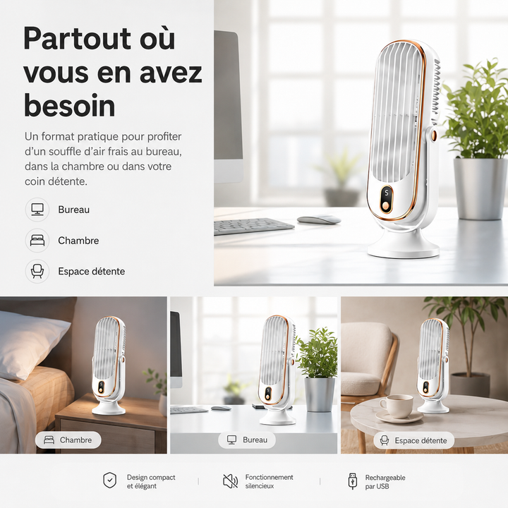 Ventilateur design AeroLux mini et portable, silencieux, USB, parfait comme accessoire de bureau moderne.