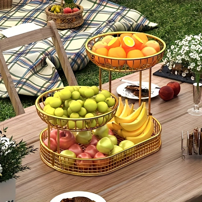 Panier de rangement 3 niveaux pour fruits et légumes frais, design élégant en métal doré.